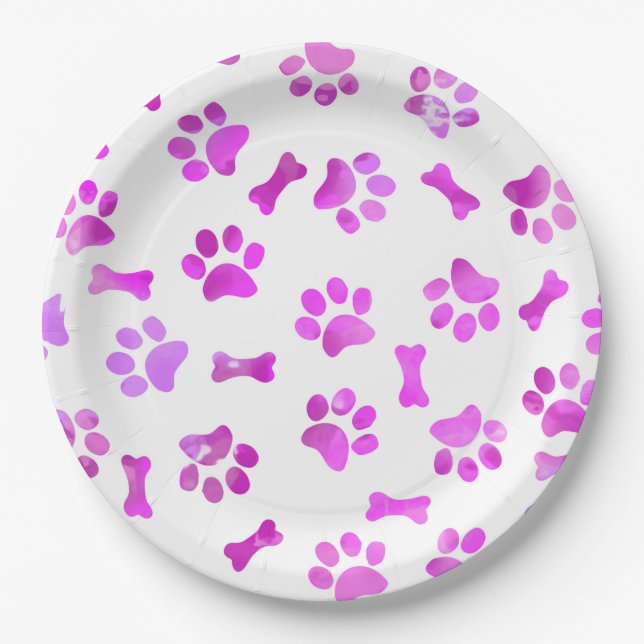 Watercolor Pink Paw Prints Paper Plate (Front)