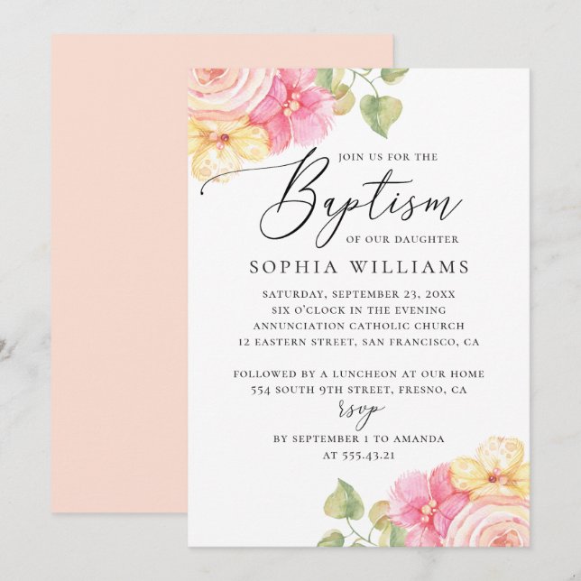 Watercolor pink peach elegant floral baptism invitation (Front/Back)