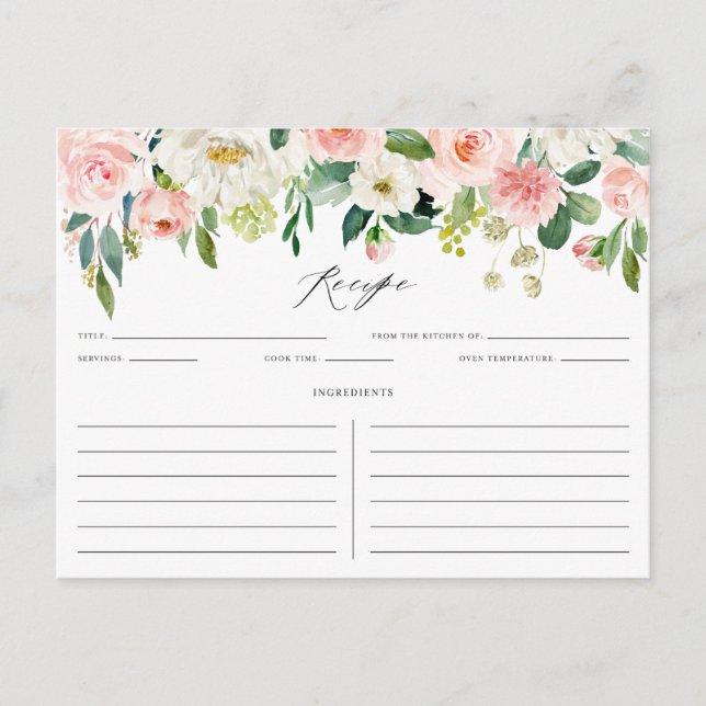 Watercolor Pink Peach Floral Garland Recipe Card (Front)