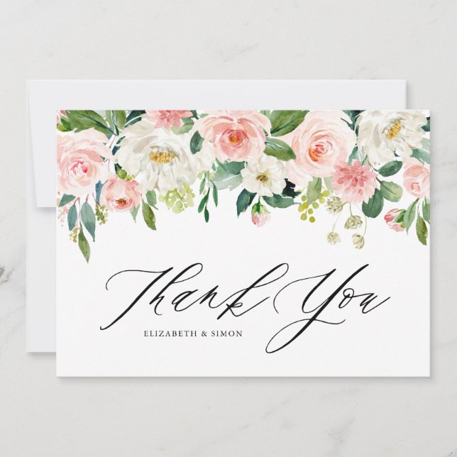 Watercolor Pink Peach Floral Garland Thank You (Front)