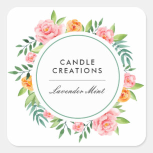 Watercolor Pink Peach Floral Product Business Square Sticker