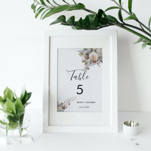 Watercolor pink peach floral winter wedding table number