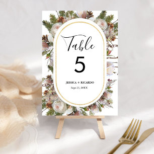 Watercolor pink peach floral winter wedding table number