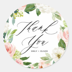 Watercolor Pink Peach Floral Wreath Thank You Classic Round Sticker