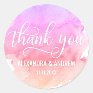 Watercolor Pink Peach Purple Wedding Thank You Classic Round Sticker