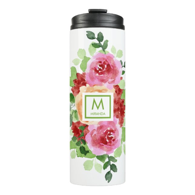 Watercolor Pink Peach Red Flowers Monogram Thermal Tumbler (Front)