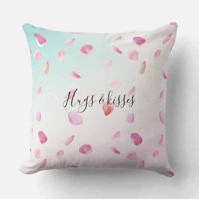 Watercolor Pink Peach Rose Petals Mint Ombre Cushion (Front)