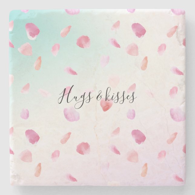Watercolor Pink Peach Rose Petals Mint Ombre Stone Coaster (Front)
