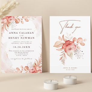Watercolor Pink Peach Roses Floral Bouquet Wedding Invitation