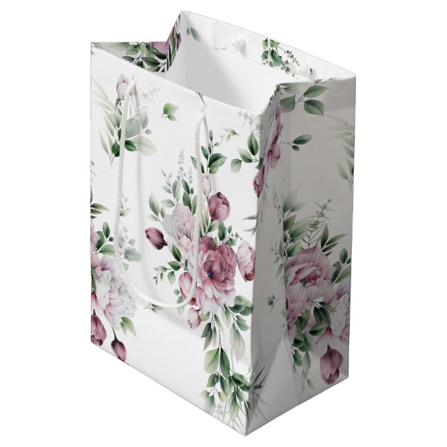 Watercolor Pink Peonies and Greenery Medium Gift Bag (Front Angled)