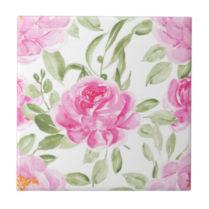Watercolor Pink Peonies and Greenery Pattern Tile