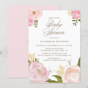 Watercolor Pink Peonies Baby Shower Invitation