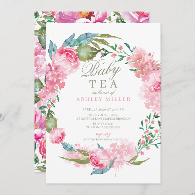 Watercolor Pink Peonies Baby Shower Tea Invitation (Front/Back)