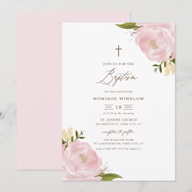 Watercolor Pink Peonies Baptism Invitation (Front/Back)