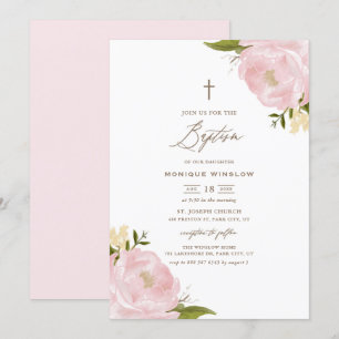 Watercolor Pink Peonies Baptism Invitation