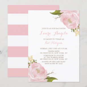 Watercolor Pink Peonies Bat Mitzvah Invitation
