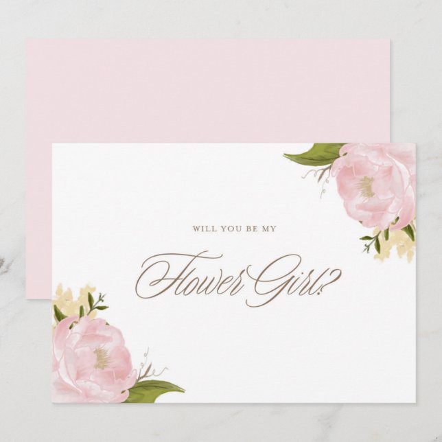 Watercolor Pink Peonies Be My Flower Girl Card (Front/Back)