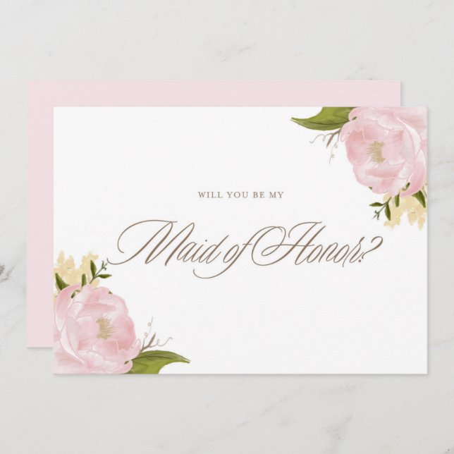 Watercolor Pink Peonies Be My Maid of Honour Card (Front/Back)