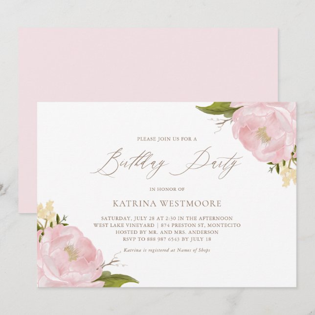 Watercolor Pink Peonies Birthday Party Invitation (Front/Back)