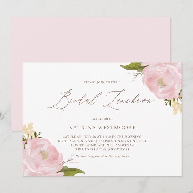 Watercolor Pink Peonies Bridal Luncheon Invitation (Front/Back)