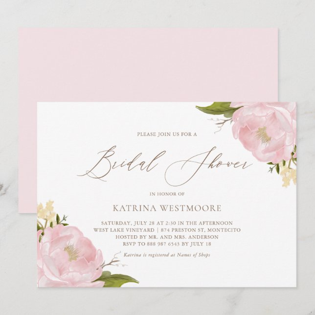 Watercolor Pink Peonies Bridal Shower Invitation (Front/Back)