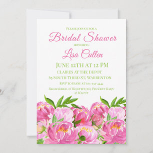Watercolor Pink Peonies Bridal Shower Script Invitation