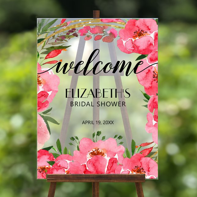 Watercolor Pink Peonies Bridal Shower Welcome Acrylic Sign (Watercolor pink flowers bridal shower acrylic welcome sign)