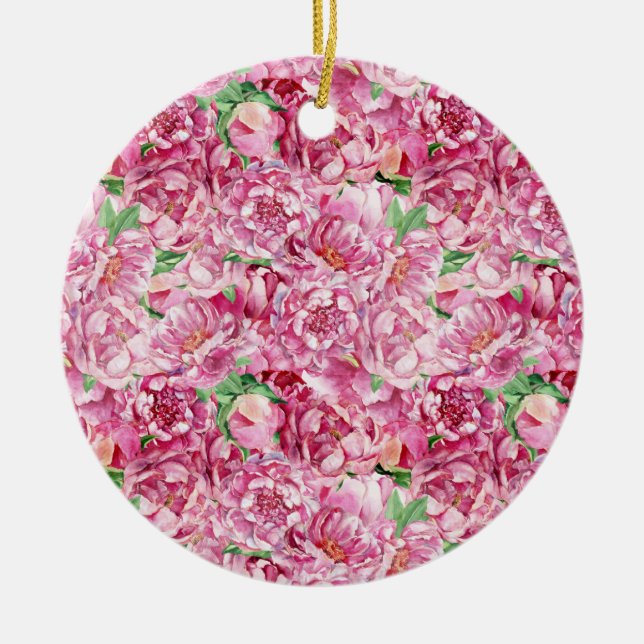 Watercolor Pink Peonies Ceramic Tree Decoration (Front)