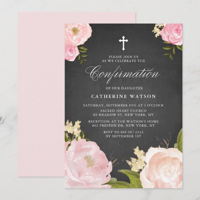 Watercolor Pink Peonies Chalkboard Confirmation Invitation (Front/Back)