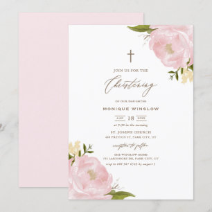 Watercolor Pink Peonies Christening Invitation
