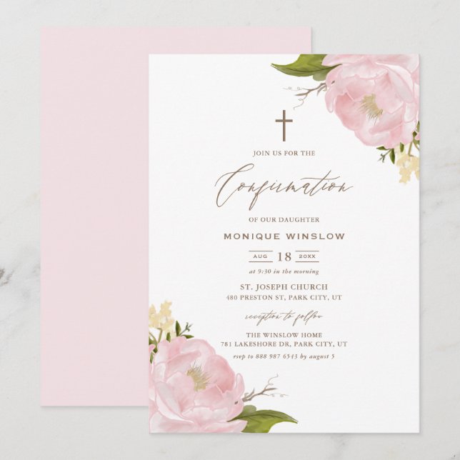 Watercolor Pink Peonies Confirmation Invitation (Front/Back)