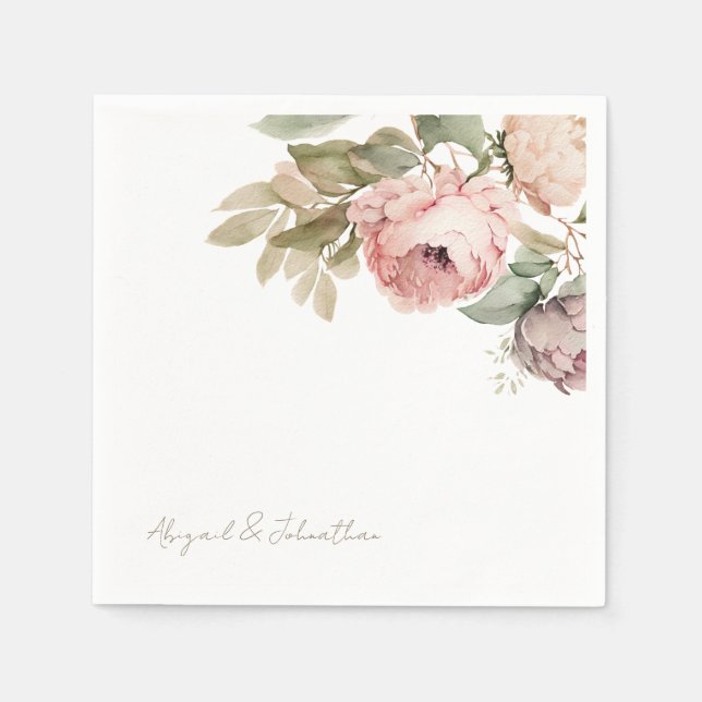 Watercolor Pink Peonies Custom Gold Script Wedding Napkin (Front)