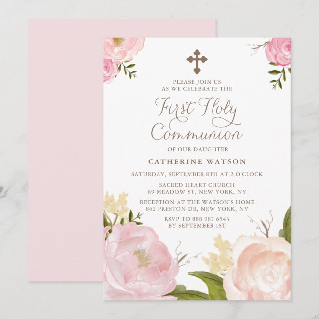 Watercolor Pink Peonies First Holy Communion II Invitation (Front/Back)