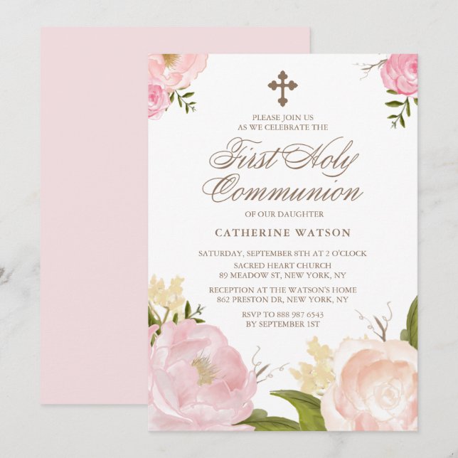 Watercolor Pink Peonies First Holy Communion Invitation (Front/Back)