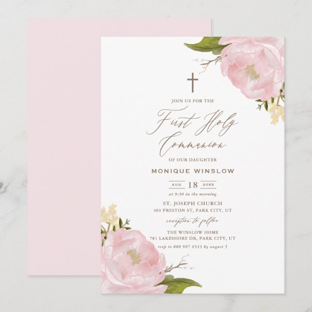 Watercolor Pink Peonies First Holy Communion Invitation (Front/Back)