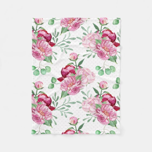 watercolor pink peonies fleece blanket (Front)