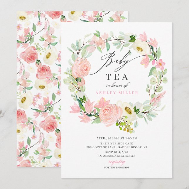 Watercolor Pink Peonies Floral Baby Shower Tea Invitation (Front/Back)