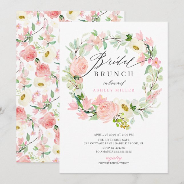 Watercolor Pink Peonies Floral Bridal Brunch Invitation (Front/Back)