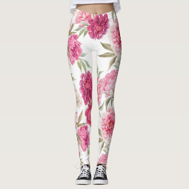 Watercolor Pink Peonies: Floral Elegance Leggings (Front)