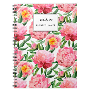 Watercolor Pink Peonies Floral Pattern chic Custom Notebook