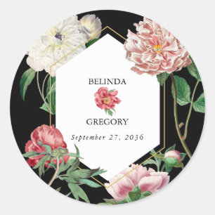 Watercolor Pink Peonies Flowers Wedding Black Classic Round Sticker