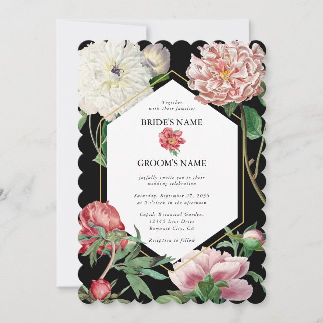 Watercolor Pink Peonies Flowers Wedding Black Invitation (Front)