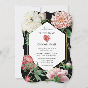 Watercolor Pink Peonies Flowers Wedding Black Invitation