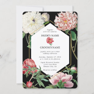 Watercolor Pink Peonies Flowers Wedding Black Invitation