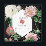 Watercolor Pink Peonies Flowers Wedding Black Magnet<br><div class="desc">A beautiful watercolor pink and white peonies flower wedding design with gold geometric frame on a black background. A unique design that uses vintage botanical peony florals in pink and white colour tones. An elegant pink and white peonies floral design with a dash of greenery. A chic gold geometric frame...</div>