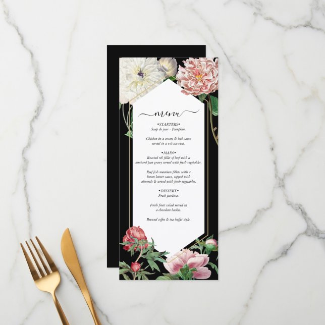 Watercolor Pink Peonies Flowers Wedding Black Menu (Front/Back In Situ)