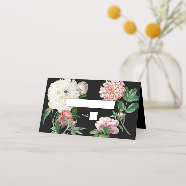 Watercolor Pink Peonies Flowers Wedding Black Place Card (Front)