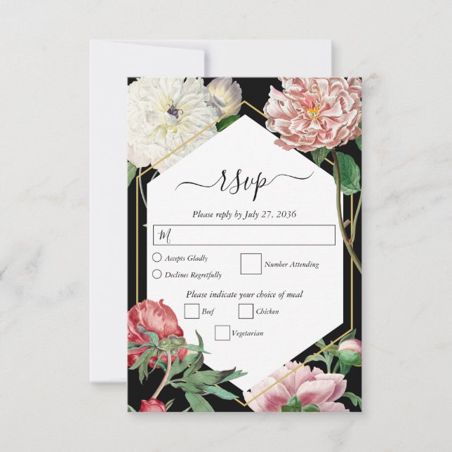 Watercolor Pink Peonies Flowers Wedding Black RSVP Card (Front)