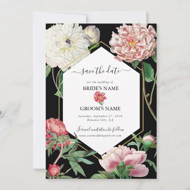 Watercolor Pink Peonies Flowers Wedding Black Save The Date (Front)