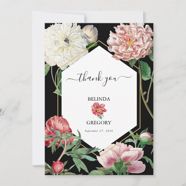 Watercolor Pink Peonies Flowers Wedding Black Thank You Card (Front)